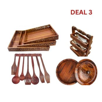Wooden Kitchen Tray and Spoon Stand Set with Hot Pot – Handcrafted Wood Combo