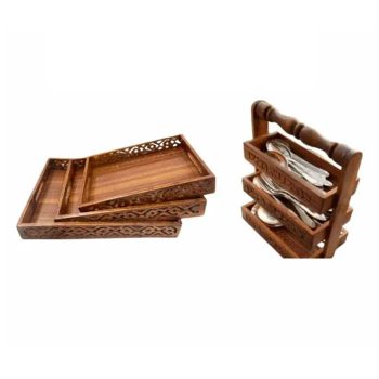 Wooden Tray and Spoon Stand Set for Kitchen – Handcrafted Wood Organizer