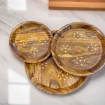 Elegant Brass Plate Set with Wooden Base – Premium Serveware Pakistan | WCSPK