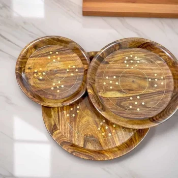 Elegant Brass Plate Set with Wooden Base – Premium Serveware Pakistan | WCSPK