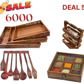 Wooden Kitchen Essentials Combo Set – Tray, Spoon Stand & Hot Pot