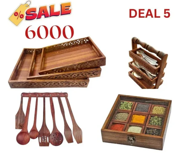 Wooden Kitchen Essentials Combo Set – Tray, Spoon Stand & Hot Pot