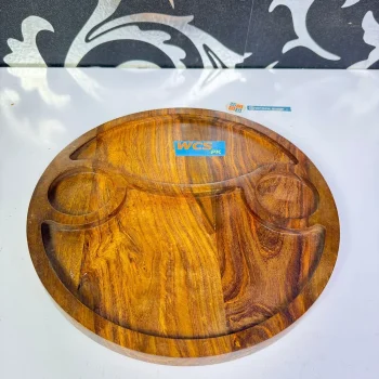 Round Serving Platter – Single Piece Partitioned Snack Platter | Wooden Restaurant Serving