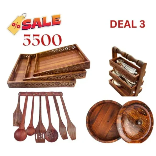 Wooden Kitchen Tray and Spoon Stand Set with Hot Pot – Handcrafted Wood Combo