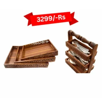 Wooden Tray and Spoon Stand Set for Kitchen – Handcrafted Wood Organizer
