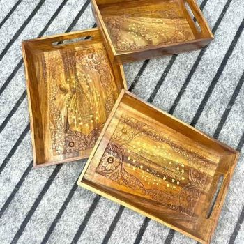 Elegant Tray Set (3 Pcs) – Brass Inlay Wooden Serving Trays Pakistan