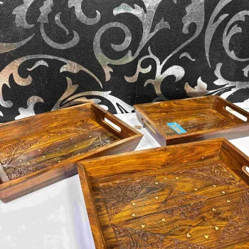 Wooden Tray Set with Brass Work – Handcrafted Decorative Serving Trays (Set of 3) | WCSPK