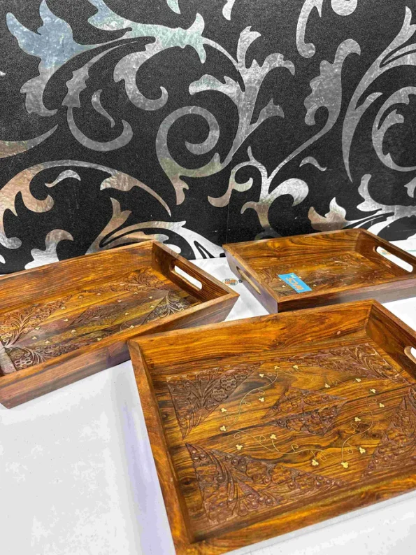 Wooden Tray Set with Brass Work – Handcrafted Decorative Serving Trays (Set of 3) | WCSPK